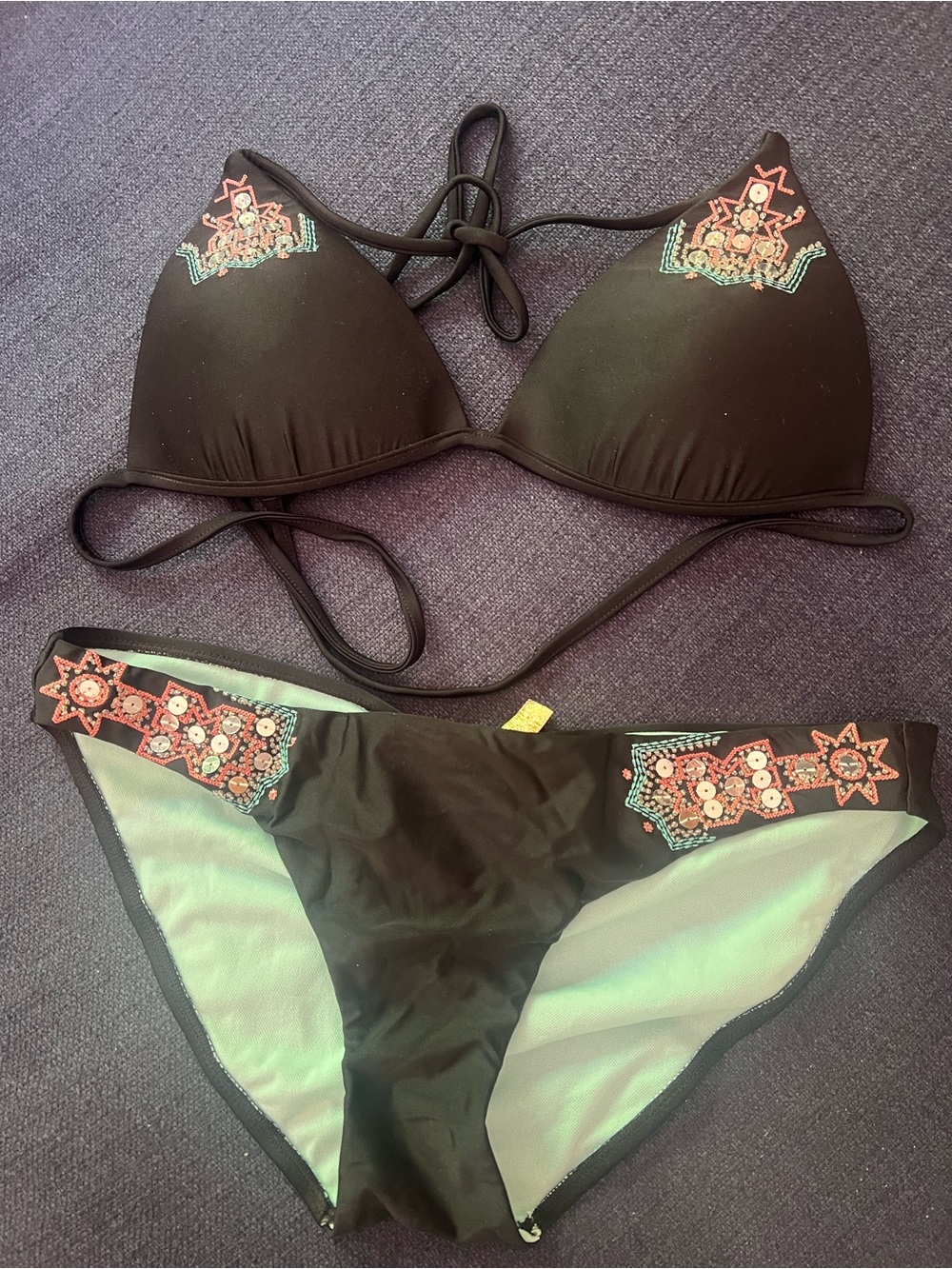 Black Triangle Bikini with Multicolor Embroidery